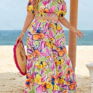 Floral Puff Sleeve Top & Maxi Skirt- Multicolor